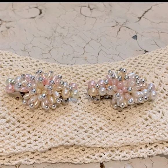 Vintage 80s Pink Pearl Starburst Cluster Beaded Barrettes - Picture 5 of 7